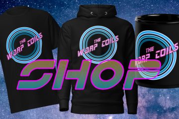 A photo of the new Warp Coils merch, a t-shirt, hoodie and mug with the band's logo
